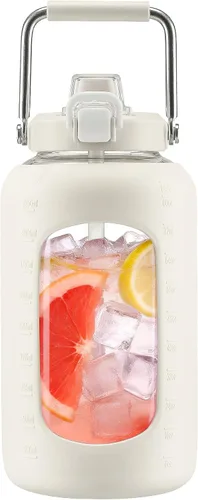 Vista 16 de WINSA - Botella de agua de vidrio de 84 onzas con pajita, 2.5 litros, ámbar Botella de beber de galón, con asa, funda de silicona para deportes