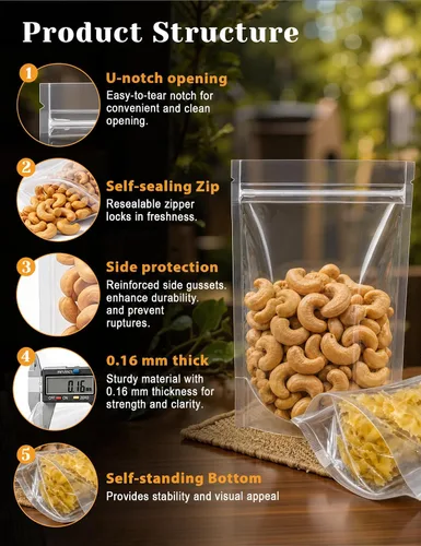 Vista 4 de FireKylin 100 piezas de bolsas resellables, bolsas de pie transparentes de 3.9" x 5.9", bolsas de almacenamiento de alimentos con cremallera