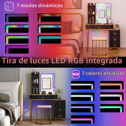 Vista 4 de CHARMAID RBG - Mesa de tocador de maquillaje LED, espejo iluminado colorido, 7 modos dinámicos y 7 estáticos, baúl de 3 cajones, 3 estantes, cajón
