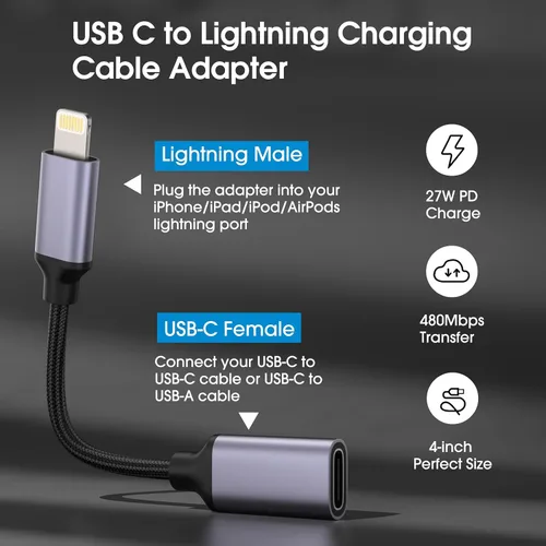 Vista 2 de TechMatte Adaptador de cable USB C a Lightning macho hembra, 27 W PD carga rápida solo compatible con iPhone, iPad, iPod, AirPods, sin audio,