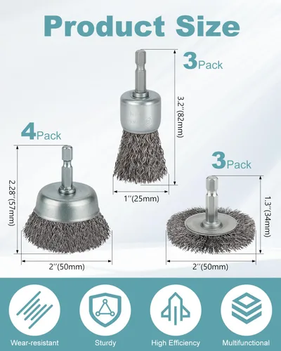 Vista 2 de 10 Piezas Cepillo de Alambre para Taladro, Cepillo de Rueda de Alambre Rizado de Acero al Carbono Grueso, Vástago Hexagonal de 1/4 de Pulgada, Broca