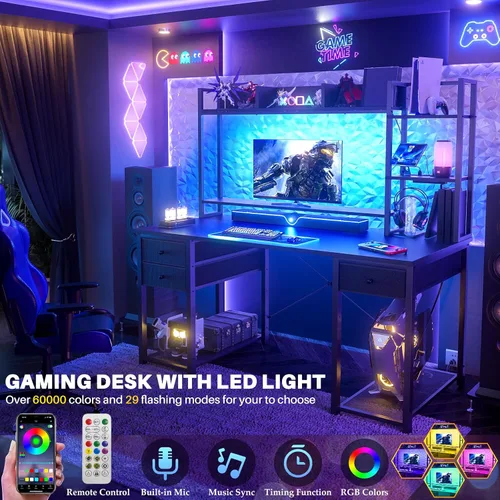 Vista 7 de Aheaplus Escritorio LED para Gaming con Hutch, 47.2'' Estación de Trabajo para Computadora, Negro