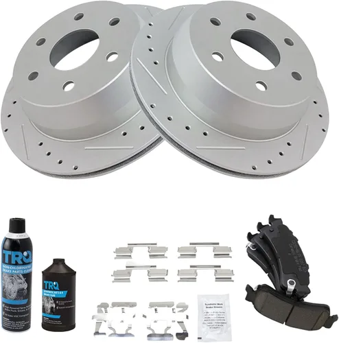 Vista 2 de TRQ Kit de pastillas de freno trasero y rotor de cerámica con revestimiento en G de alta calidad, ranurado X perforado, compatible con 02 Cadillac