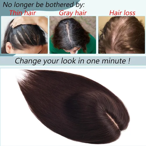 Vista 3 de Toppers de cabello humano real para mujeres con cabello delgado, 6 pulgadas, marrón oscuro
