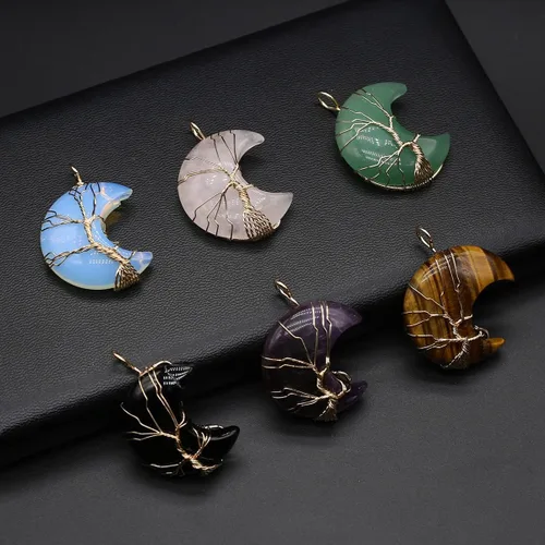 Vista 7 de 4 colgantes de piedra natural, forma de luna, chakra, cristal, ágata, alambre de piedra, tejer, diseño de árbol de la vida para hacer joyas