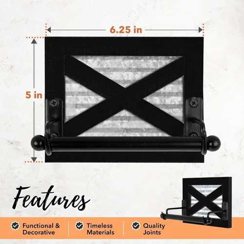 Vista 5 de Autumn Alley Portarrollos de papel higiénico de granja negro – Accesorio decorativo de baño de granja – Madera negra y metal galvanizado corrugado