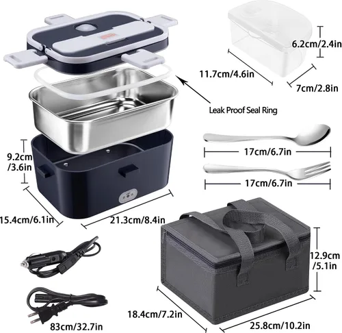 Vista 3 de Nifogo Fiambrera eléctrica, calentador de alimentos de 80 W, fiambreras calentadas para hombres, 1.8 l, lonchera eléctrica para adultos, portátil