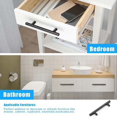 Vista 3 de Tiradores de gabinete de acero inoxidable con acabado negro moderno estilo euro redondo barra en T, cocina gabinete manijas cajones pomos - paquete