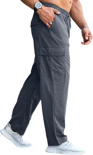 Vista 5 de CTU Pantalones deportivos holgados de moda para hombre, ligeros, para entrenamiento, pantalones deportivos con parte inferior abierta con bolsillos