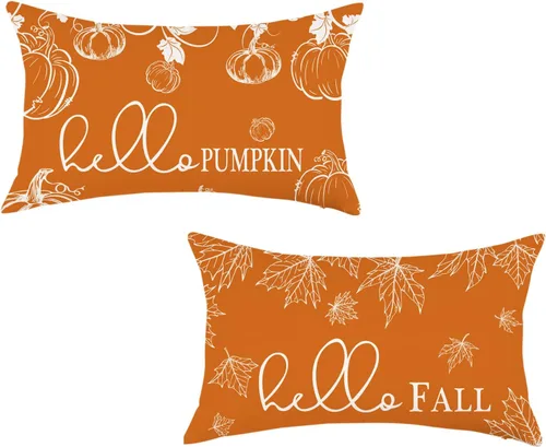 Vista 11 de ONWAY - Juego de 2 fundas de almohada de otoño de 16 x 16 pulgadas, color naranja calabaza con texto "Hello Fall" Hello Fall Hello Pumpkin Maple