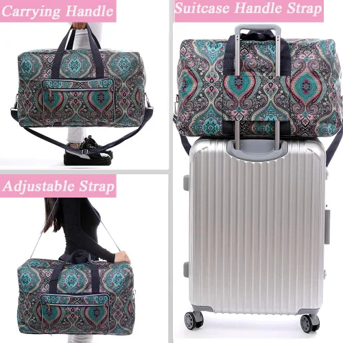 Vista 5 de Bolsa de viaje plegable grande para mujeres y niñas, bolso lindo floral, bolso de hombro semanal, para pasar la noche, bolsa de equipaje a cuadros