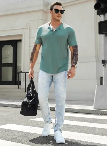 Vista 9 de JMIERR Camisas Henley para hombre con cuello redondo y botones