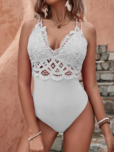 Vista 2 de BSXIJIE Body de encaje para mujer, sexy, cuello en V profundo, entrepierna a presión, de una pieza, con tirantes delgados, parte superior cruzada