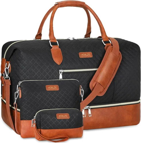 Vista 47 de Bolsa de fin de semana para mujer, bolsa de viaje de nailon, con compartimento para zapatos, tamaño grande 1-beige