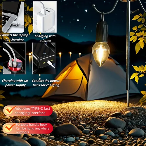Vista 7 de Linterna LED portátil para campamento, gancho para colgar en cualquier lugar, recargable USB-C, 3 modos de brillo, resistente al agua