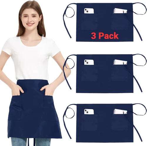 Vista 8 de Paquete de 3 delantales de cintura con 3 bolsillos, delantales de camarero unisex negros, delantales resistentes al agua para restaurante, chef y bar