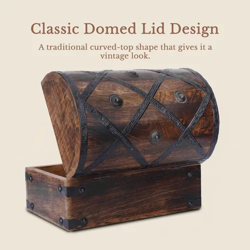 Vista 5 de Ajuny Cofre del tesoro de madera Joyero pirata, baúl de recuerdo antiguo, soporte decorativo de madera para baratijas, pequeño organizador