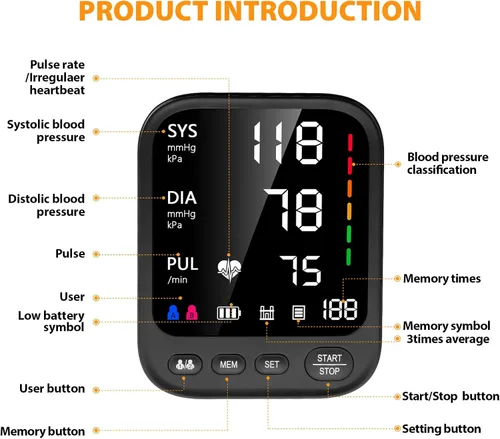 Vista 2 de Máquina de Presión Arterial, Monitor Automático de Presión Arterial del Brazo Superior con Lectura de 2x199, Pantalla Grande Retroiluminada de 4.5
