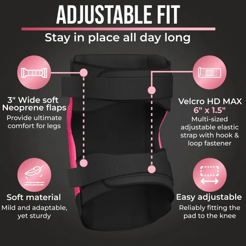 Vista 4 de PRO - Rodilleras estilo constructor para mujer con 3 niveles de protección, rosa, 1 par, tapa de plástico de soporte plano y cierres ajustables