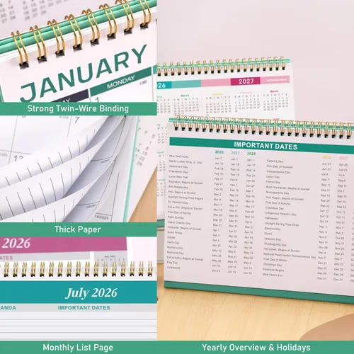 Vista 4 de Calendario de escritorio 2026-2027, calendario 2026-2027, julio de 2026 a diciembre de 2027, 9.8 x 8.3 pulgadas, calendario de escritorio con tapa