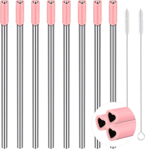 Vista 9 de Jutom Paquete de 8 pajitas de metal con forma de corazón, reutilizables, de acero inoxidable con puntas de silicona, lindas con 2 cepillos