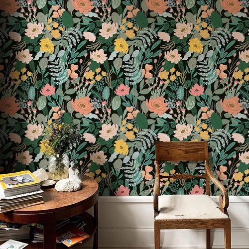 Vista 3 de HueBurst Papel tapiz floral verde oscuro de 17.3 x 118 pulgadas, papel de contacto floral bohemio para baño, sala de estar, dormitorio, papel tapiz