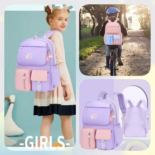 Vista 7 de Mochila escolar para niñas para escuela primaria ligera, Rosa Azul, Classic