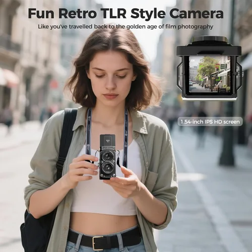 Vista 2 de CHUZHAO - Cámara digital retro con sello de tiempo, estilo TLR portátil vintage 1080p, video FHD de 12 MP, fotos de enfoque automático, mini cámara