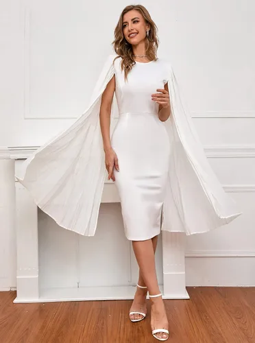 Vista 7 de IWFEV Vestido midi sin mangas liso de manga larga con cuello redondo y patchwork a media pierna para mujer