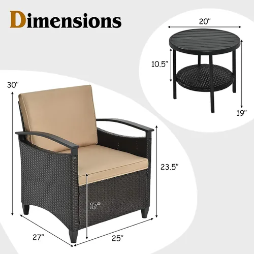 Vista 5 de Tangkula Juego de sofá de ratán de 3 piezas, juego de bistró para conversación de patio con mesa auxiliar, cojines de asiento y respaldo, marco
