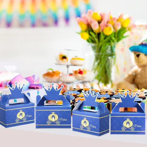 Vista 5 de Caja de premios con corona de príncipe para fiesta, caja de dulces azules y dorados, suministros de fiesta para baby shower, decoración