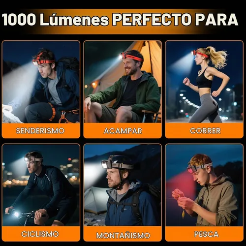Vista 7 de Linterna frontal LED recargable con batería, 5 modos de luz, 1000 lúmenes, USB-C, impermeable, ultraligera, lámpara de cabeza, faros, herramientas