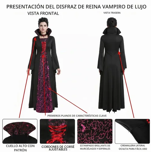 Vista 4 de Disfraz de vampiro para mujer, disfraz real de Halloween para adultos, con dientes de vampiro, colmillos y aretes