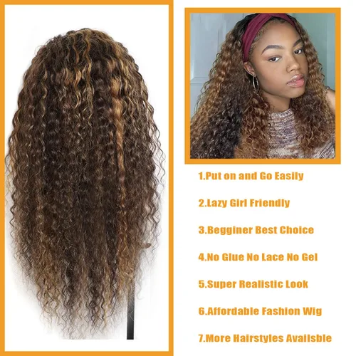 Vista 24 de Peluca de cabello humano con diadema de ondas profundas, sin pegamento, pelucas de cabello rizado sin encaje frontal, pelucas de cabello humano