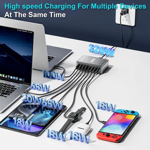 Vista 2 de 320W Bloque de Cargador USB C, Estación de Carga Rápida de 8 Puertos USB Hub PD 100W GaN Ⅲ Estación de Carga Pro para Múltiples Dispositivos