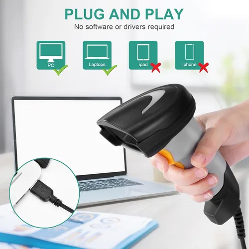Vista 4 de Escáner de código de barras, escáner de código QR de mano conexión con cable USB 1D 2D y PDF417 Matriz de datos Lector automático de códigos