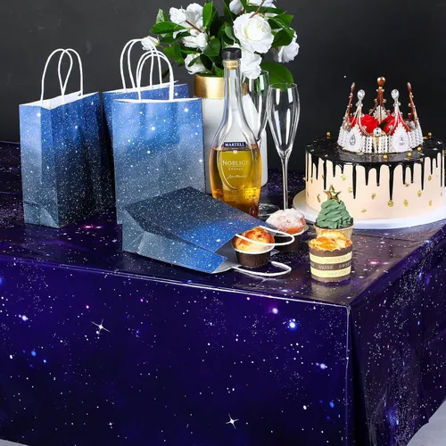 Vista 5 de Tatuo 1 paquete de mantel rectangular de plástico con galaxia, estrella espacial, nebulosa morada, desechable, cielo nocturno estrellado