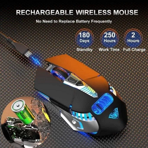 Vista 4 de Mouse Bluetooth mouse inalámbrico recargable para juegos 3 modos BT50 BT30 y USB mouse RGB de 7 colores ergonómicos para computadora con 3 niveles