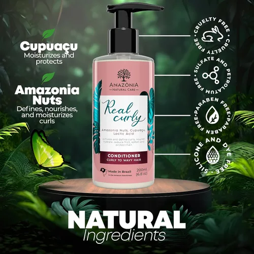 Vista 3 de Acondicionador de cabello rizado para mujeres y hombres, acondicionador hidratante con nueces de Amazonia, cupuacu y ácido láctico para mejorar