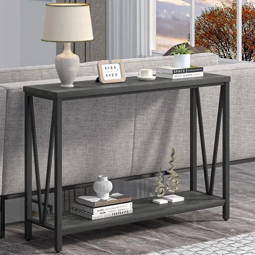 Vista 5 de EXCEFUR Mesa de entrada, sofá de madera rústica con almacenamiento, mesa de pasillo moderna para sala de estar, color gris
