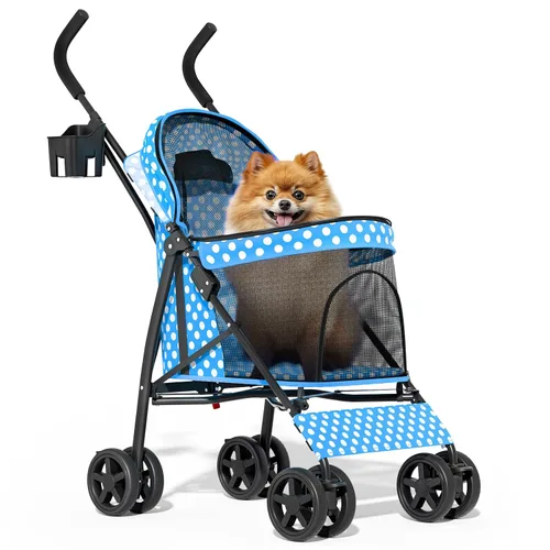 Vista 18 de MoNiBloom Cochecito para mascotas de 4 ruedas, cochecito jogger jaula para cachorros de fácil plegado con cubierta solar, almohadilla y bolsa