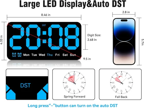 Vista 2 de Reloj de pared digital grande de 9.5 pulgadas con pantalla LED, DST automático, alarma dual con repetición, brillo ajustable, visualización
