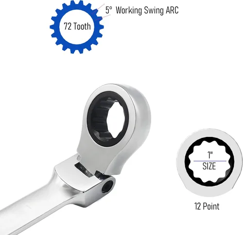 Vista 3 de Llave combinada de trinquete de cabeza flexible de 1 pulgada SAE 72 dientes de 12 puntos de trinquete de caja de trinquete herramientas de llave