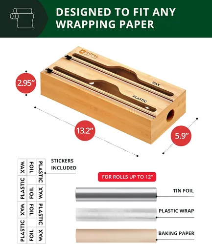 Vista 2 de ROYAL CRAFT WOOD Papel de cocina de bambú y organizador de plástico para cajón con cortador de 2 ranuras