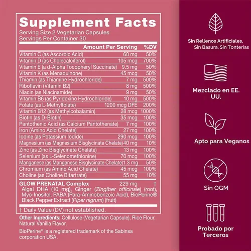 Vista 4 de Paquete prenatal natural – Multivitamínico prenatal Glow – Probióticos Momma para mamá y bebé