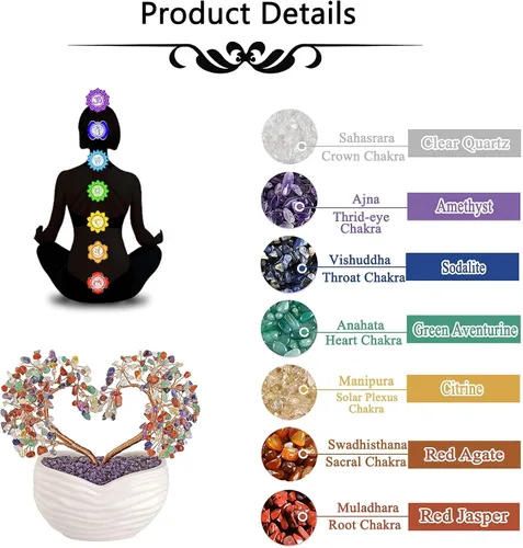 Vista 5 de GEHECRST Árbol de cristal de curación de 7 chakras en forma de corazón, cristal de piedra preciosa, bonsái del árbol del dinero, ornamento