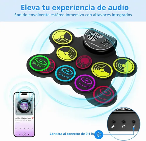 Vista 5 de Miortior Juego de batería electrónica, 10 almohadillas enrollables, almohadilla de práctica con pedales de batería y palos, altavoz integrado
