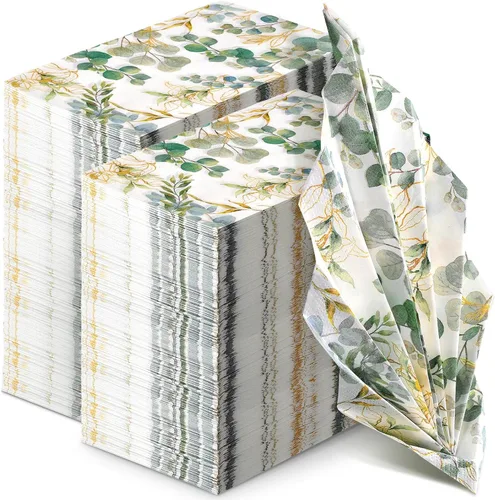 Vista 10 de Spiareal - 120 servilletas de papel verde de 3 capas desechables para invitados, toallas de mano para baño, hojas de eucalipto verdes, servilletas