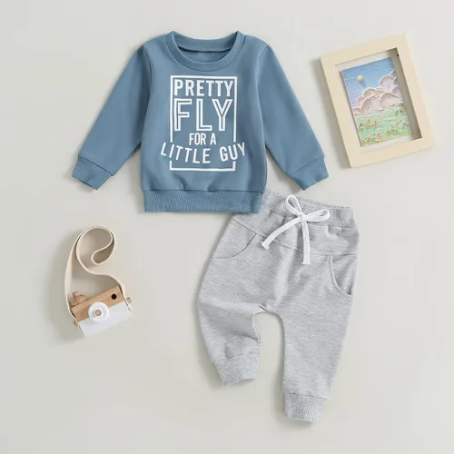 Vista 2 de ZAXARRA Conjunto de 2 sudaderas con estampado de letras y cuello redondo para bebé niño y niño, conjunto de 2 piezas para otoño e invierno