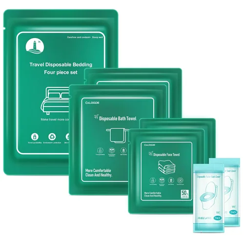 Vista 14 de Sábanas desechables para hotel, artículos esenciales de viaje con 2 toallas de baño desechables, 2 toallas faciales desechables y 4 piezas